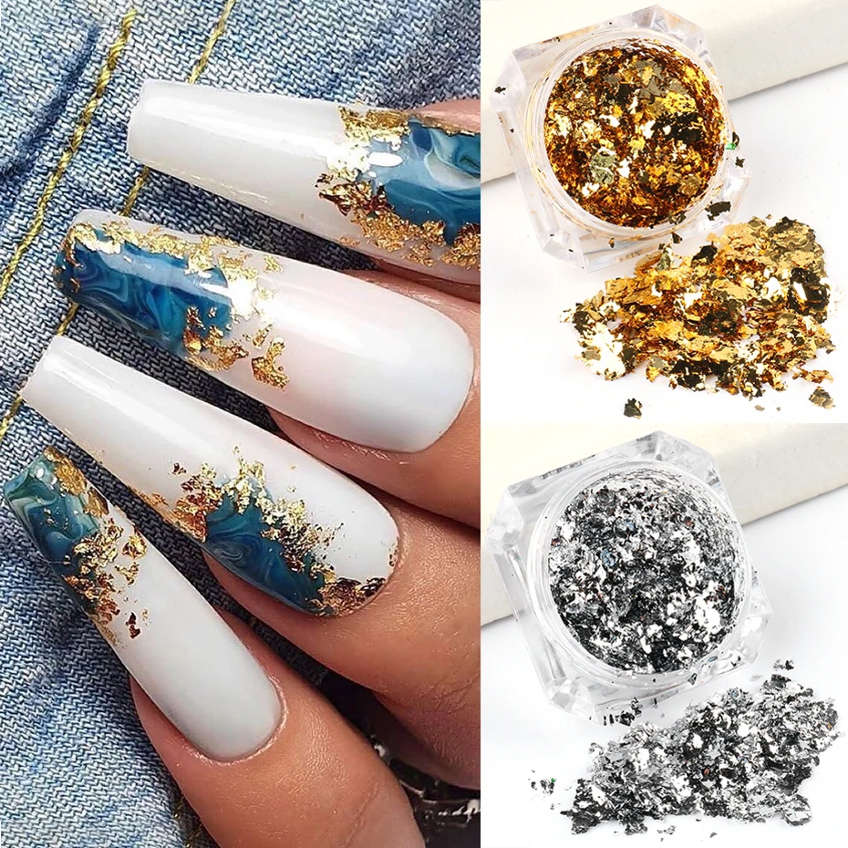 4 Box Gold Glitter Flakes Irregular Aluminum Foil Sequins For Nails Chrome  Powder Winter Manicure Nail Art Decorations Paillette