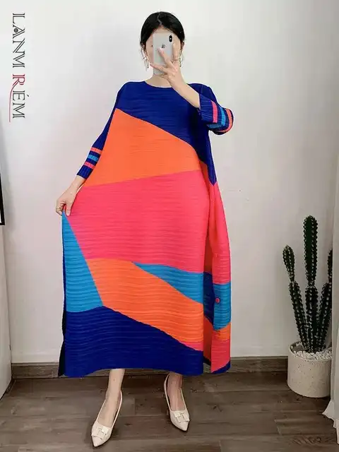 LANMREM Printed Pleated Dress Women Color Block Round Neck Long Sleeve Sides Buttons Elegant Dresses Party Clothes New 2DA1016