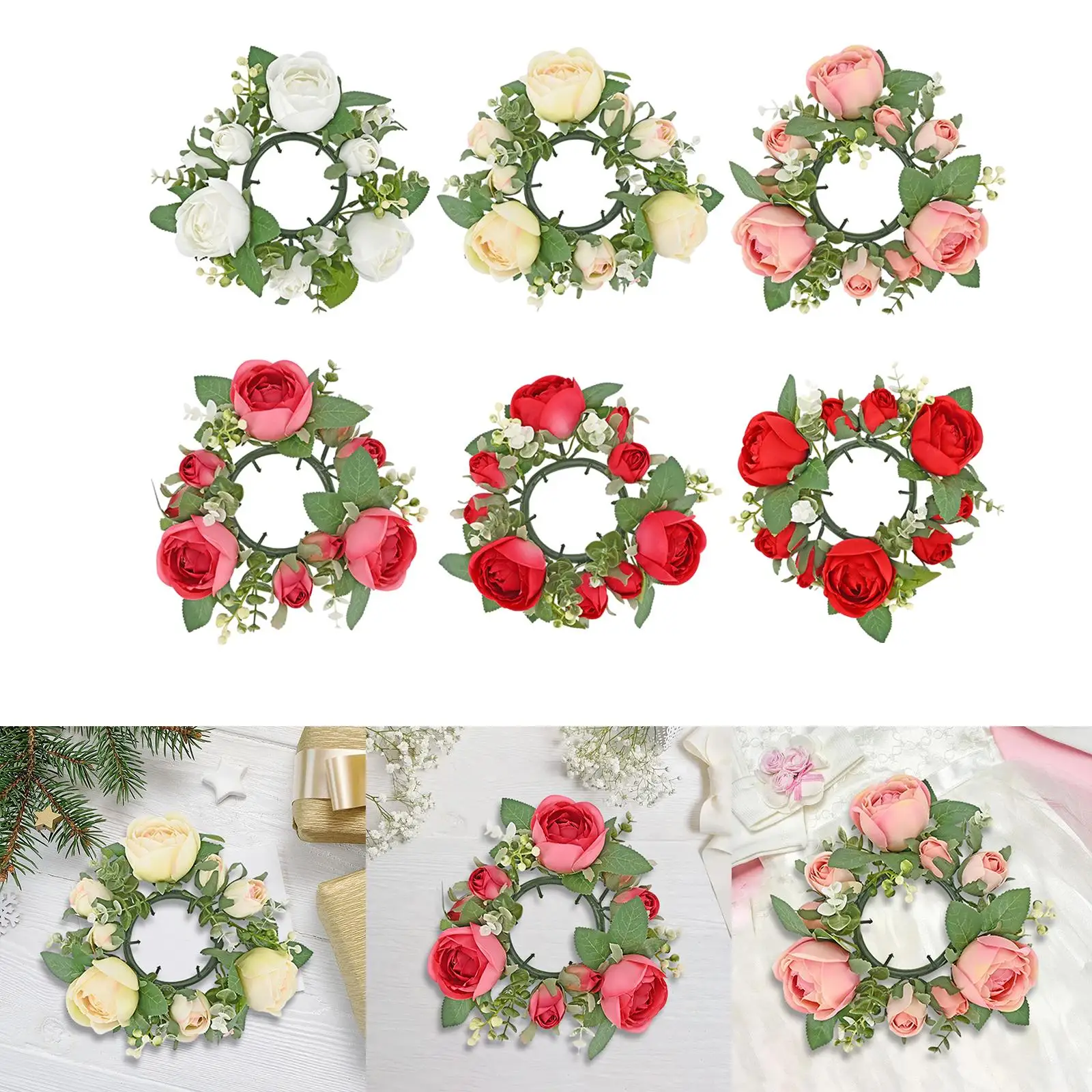 Candle Ring Artificial Wreath Floral Arrangement Greenery Rose Wreath Candle Ring for Living Room Home Door Table Easter