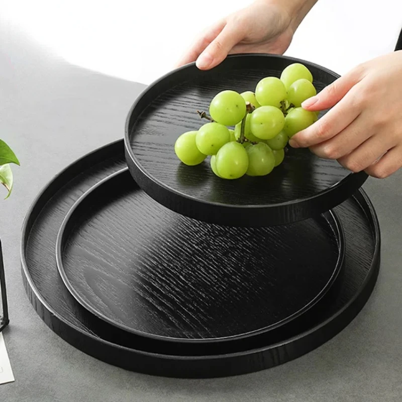 Japanese Black Wooden Tray Home Tea Tray Cosmetic Decorative Tray Coffee Snack Plate Bread Round Plate