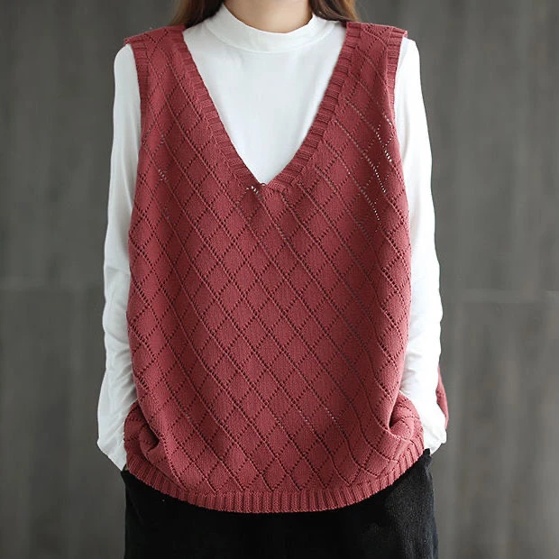 

Burgundy USA NEW European Spring Fall V-neck Sleeveless Sweater Vest Loose Coat Outcoat Lady Top Cloth for Women girl Waistcoat