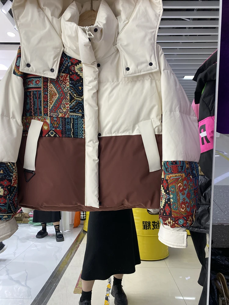 Winter Embroidery Hooded Patchwork Down Jacket Women White Duck Down Warm Jackets Female Thick Quilted Short Parka Outwears Coat