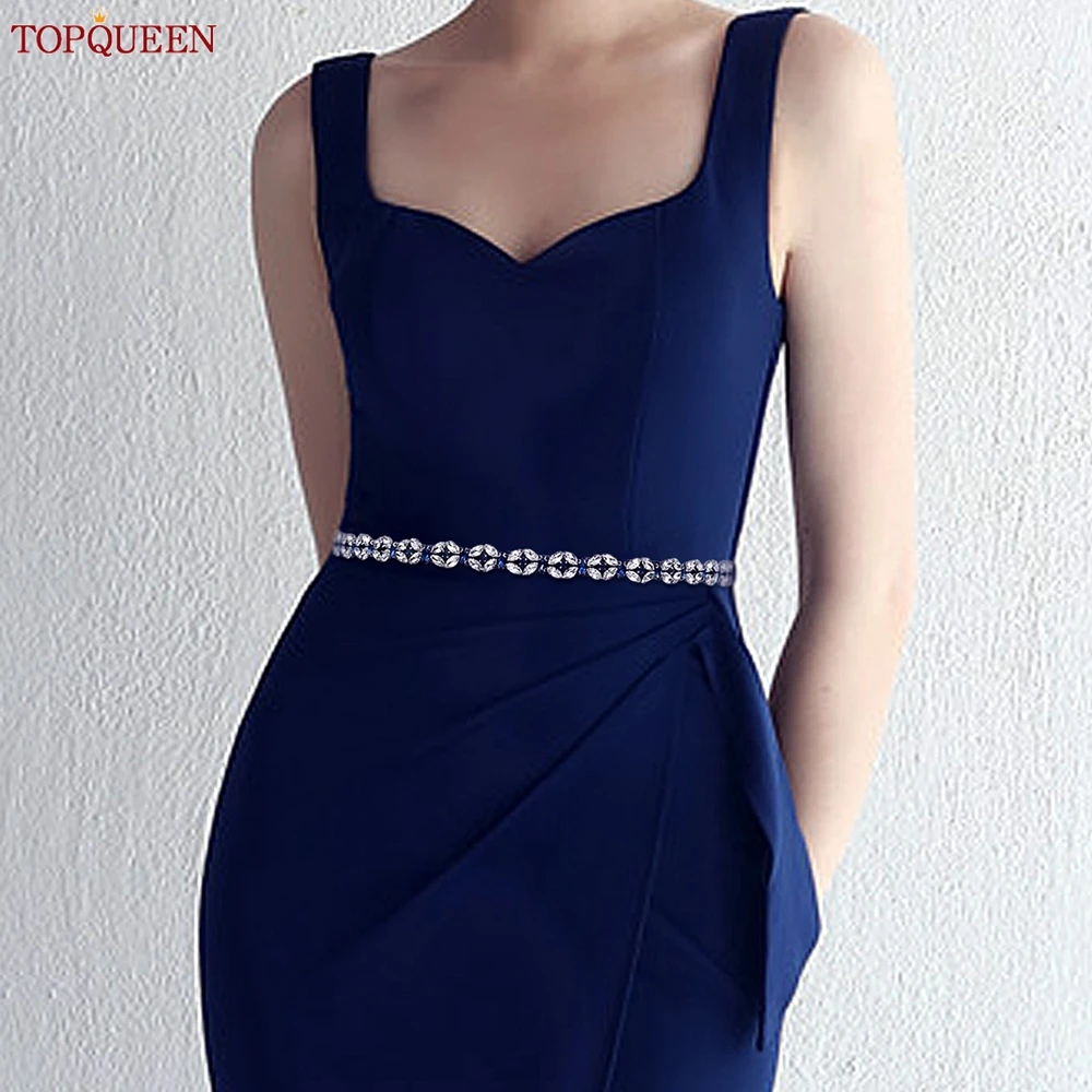 TOPQUEEN Blue Rhinestone Sash Belt For Wedding Dress Long Applique Bridesmaid Thin Belt Evening Dress Waist Accessory S111-ML