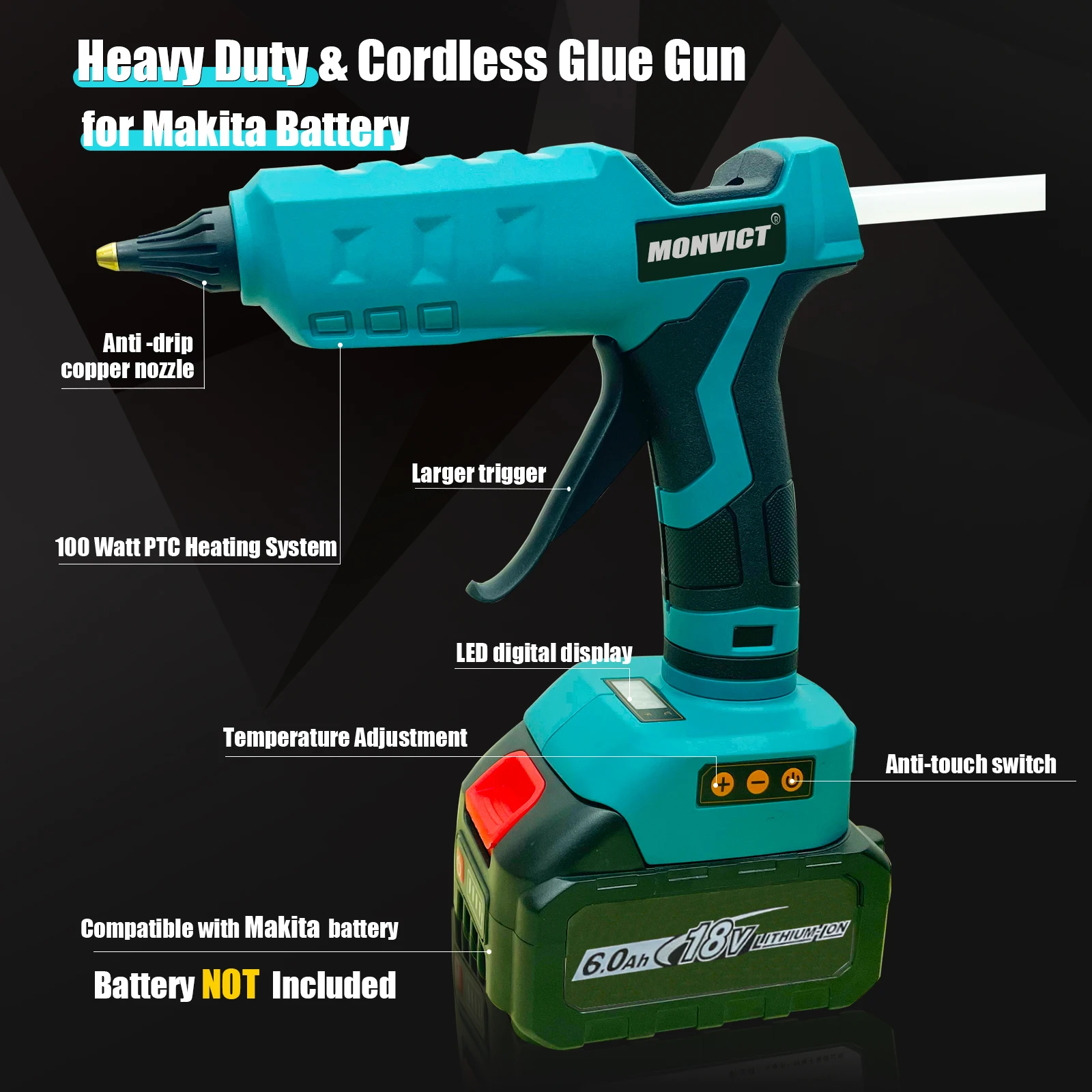 Cordless Glue Gun Hot Glue Gun 100W Cordless Glue Gun for Makita 20V Battery Digital Temperature Adjustable with 10 Glue Sticks