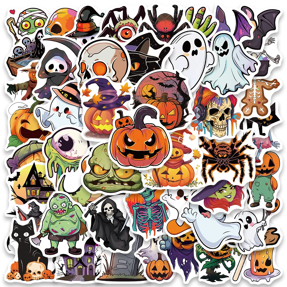 50pcs Funny Horror Pumpkin Ghost Skull Bats Halloween Stickers For Laptop Luggage Notebook Stationery Vinyl Graffiti Decals