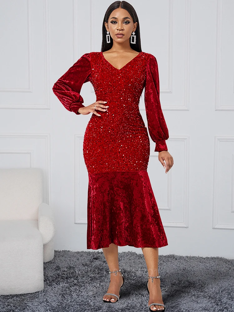 Luxury Red Long Sleeve Evening Gown Sequin Stretchy Velvet V Neck Mermaid Prom Floor Length Dress Burgundy Women Dresses 2024