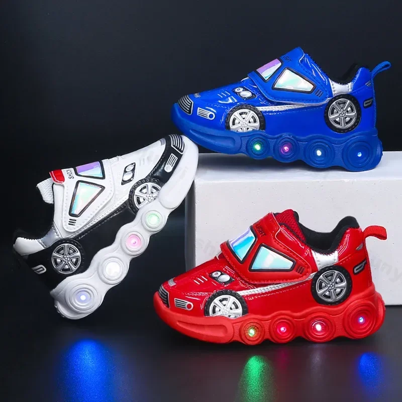 Tennis Shoes LED Children Trainer Cartoon Car Casual Sneakers for Boys Girls Mesh Breathable Kids Flats Baby Illuminated Shoes sports shoes,baby shoes,kids sneakers,kids shoes,kids sports shoes,kids flats