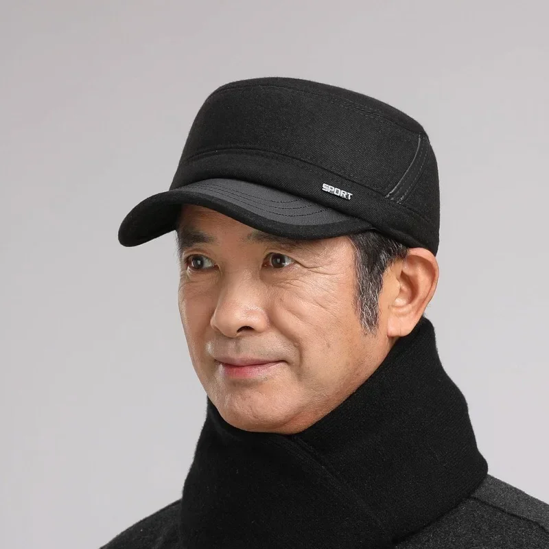 TOHUIYAN Classic Woolen Military Hat Vintage Flat Top Caps Winter Warm Earflap Hat Men Army Cap Fashion Adjustable Cadet Hats