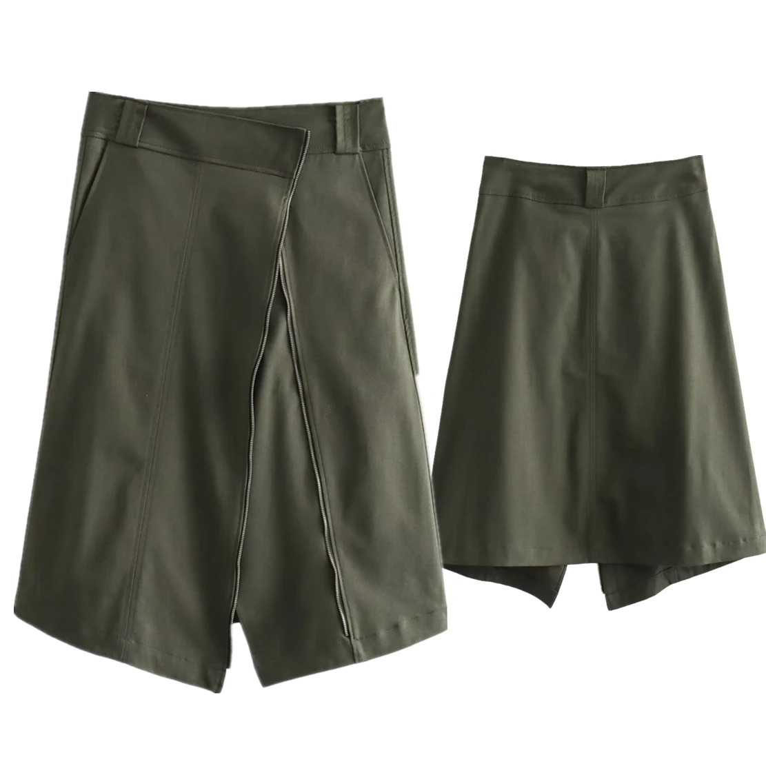 Jenny&Dave With Zipper Military Green Casual Midi Skirt Women Fashion Blogger High Waist Retro Asymmetric Split Skirt