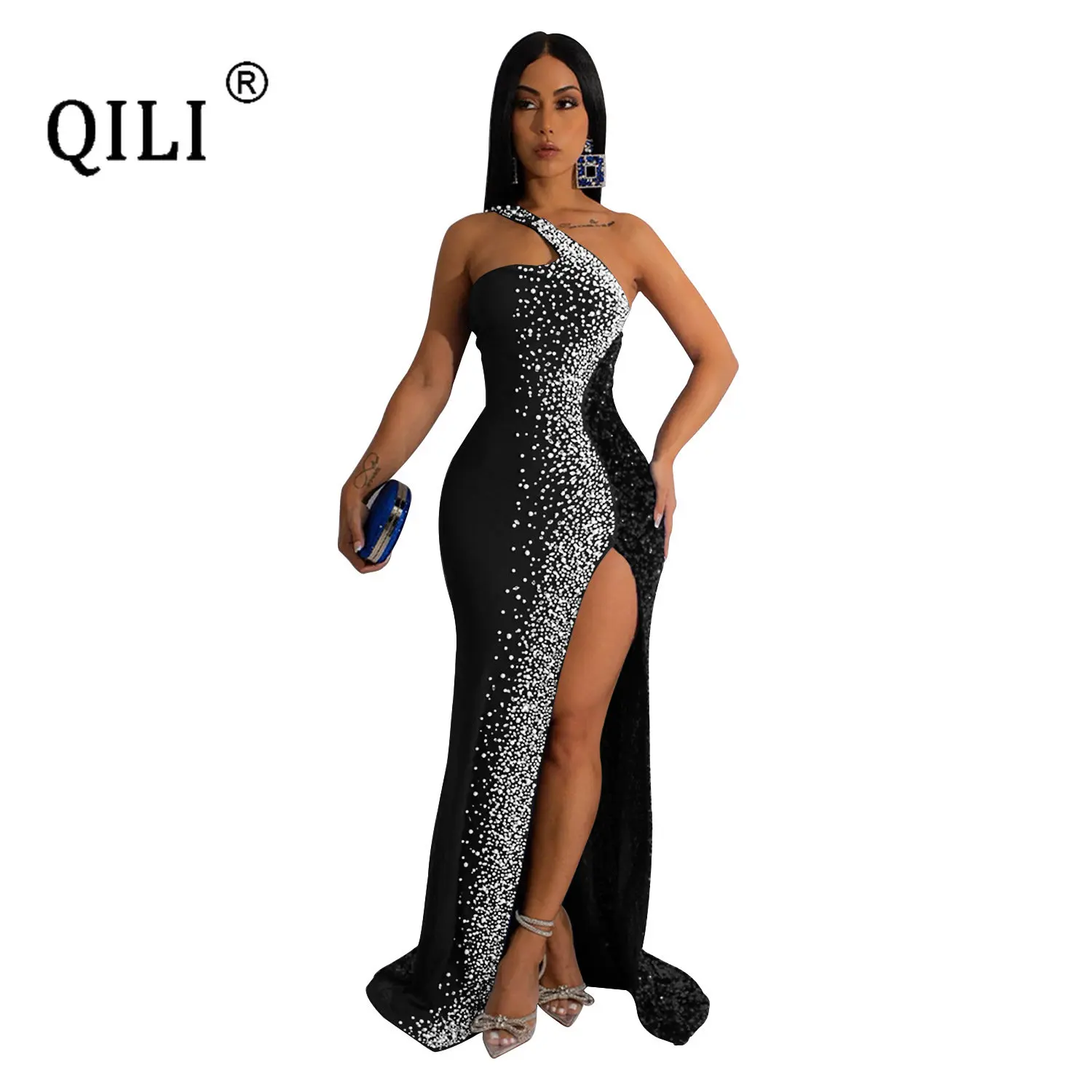 Lue's House One Shoulder Rhinestone and Sequins Sexy High Split Long Dress Elegant Party Dresses for Women's Robe Blue Black Red - Image 2