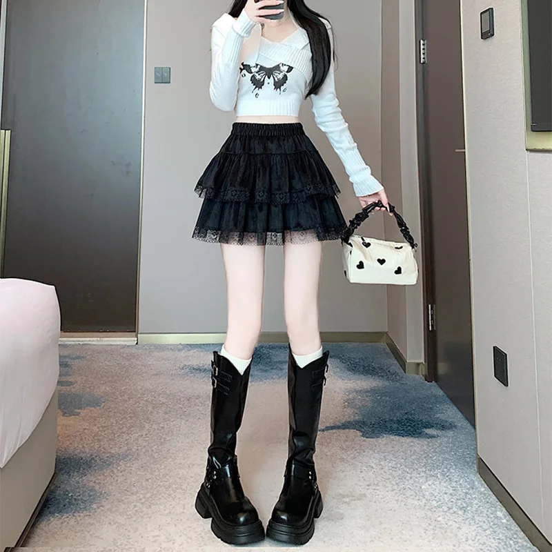 y2k Mini Skirt Women Coquette Clothes Lolita Fairycore High Elastic Tiered Ruffle Skirts Goth Lolita Skirts Streetwear