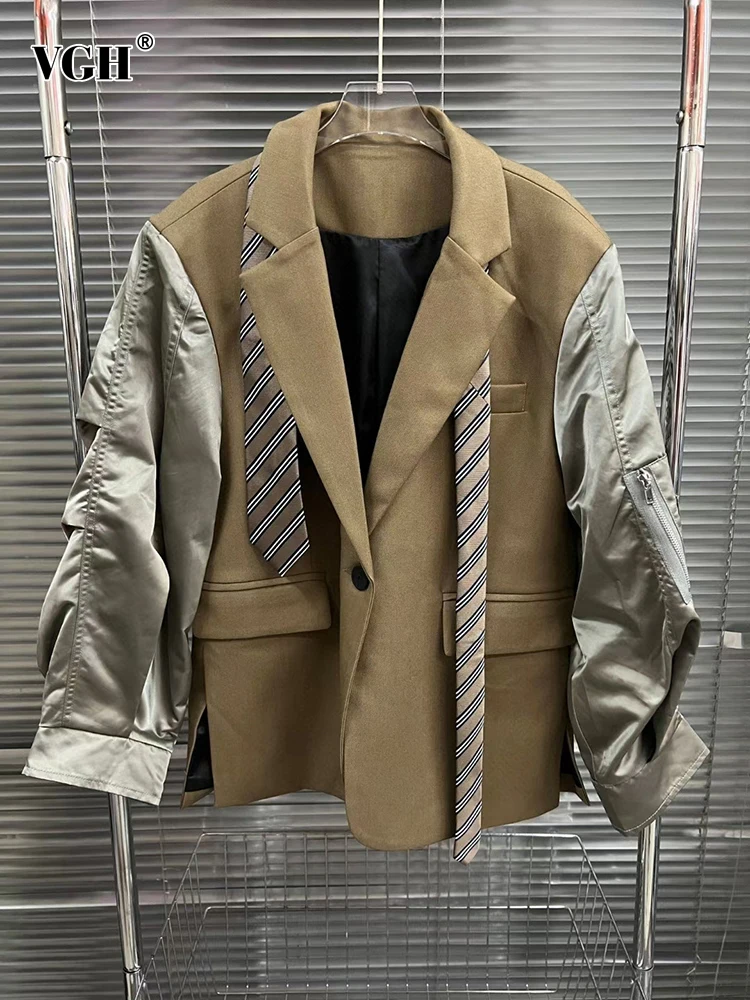 

VGH Patchwork Pockets Colorblock Casual Blazers For Women Notched Collar Long Sleeve Spliced Button Chic Blazer Female Fashion