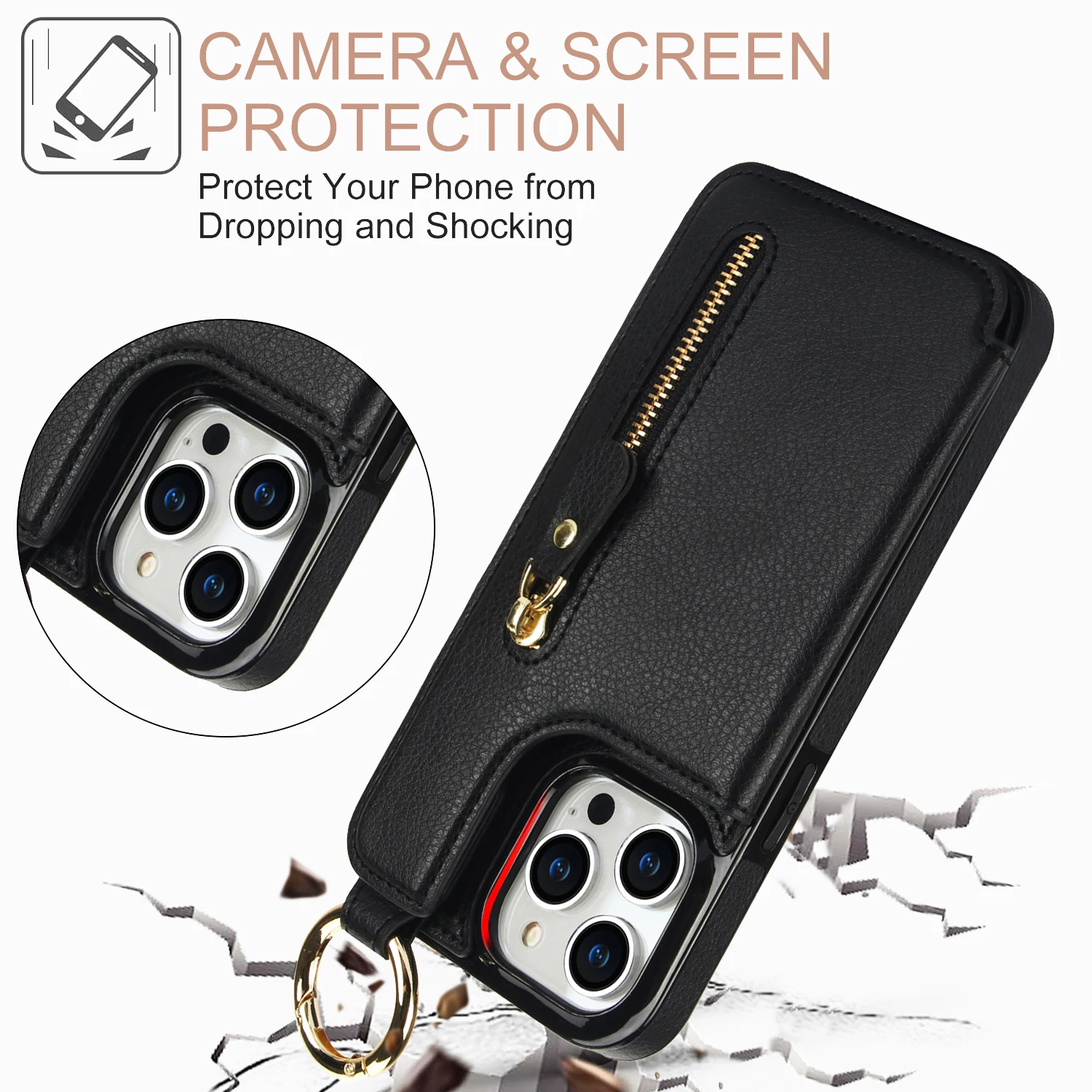 Litchi Leather Zipper Card Holder Wallet Case, Heavy Duty Ring Holder Cover, Kickstand, For iPhone 15 Pro Max 14 13 12 11 XR X 8