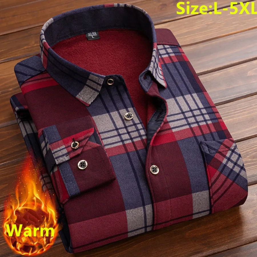 New Large Size 5XL Men's Shirts Autumn Winter Thicker Fleece Warm Shirts Man Casual Business Office Tops Fashion Men's Clothing