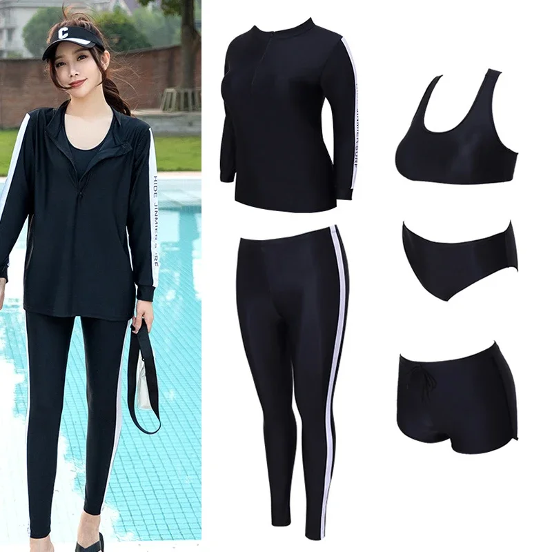 여성용 래시가드 상의 및 하의 지퍼 긴 소매 수영 셔츠 바지 반바지, 비키니 자외선 차단 목욕 세트 운동복, 세트당 5 개