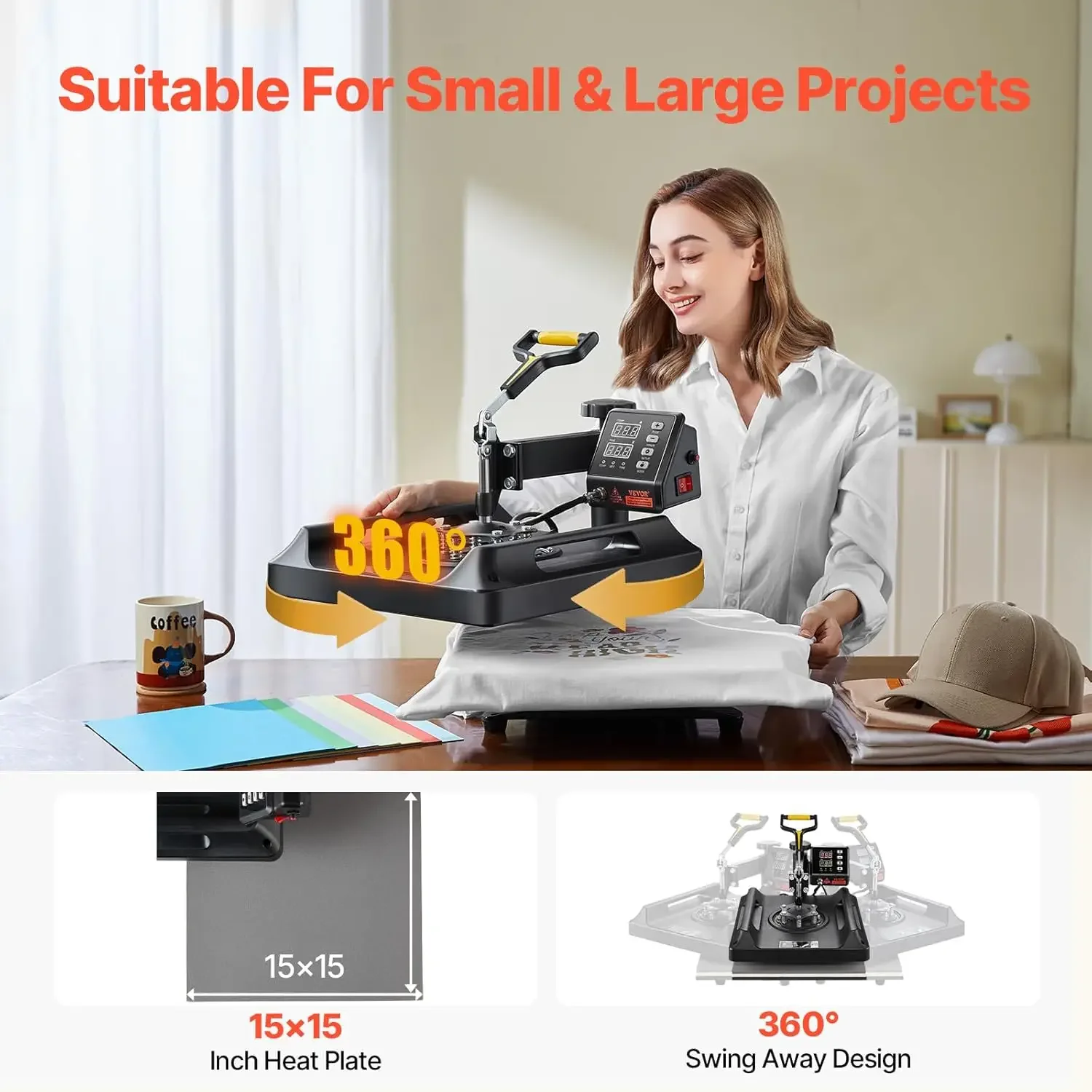 Heat Press Machine 8 in 1 Combo 15x15 Inch, 360° Swing Away Digital Tshirt Press Machine, Clamshell Sublimation Heat Press 4
