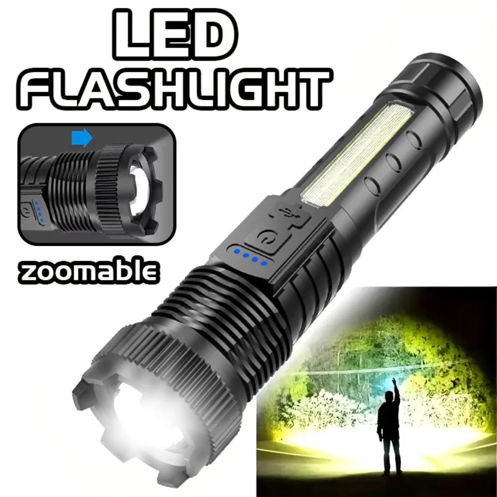 슈퍼 밝은 LED 손전등 USB 충전식 토치 내장 배터리 포함 야외 방수 비상 낚시 강력한 랜턴