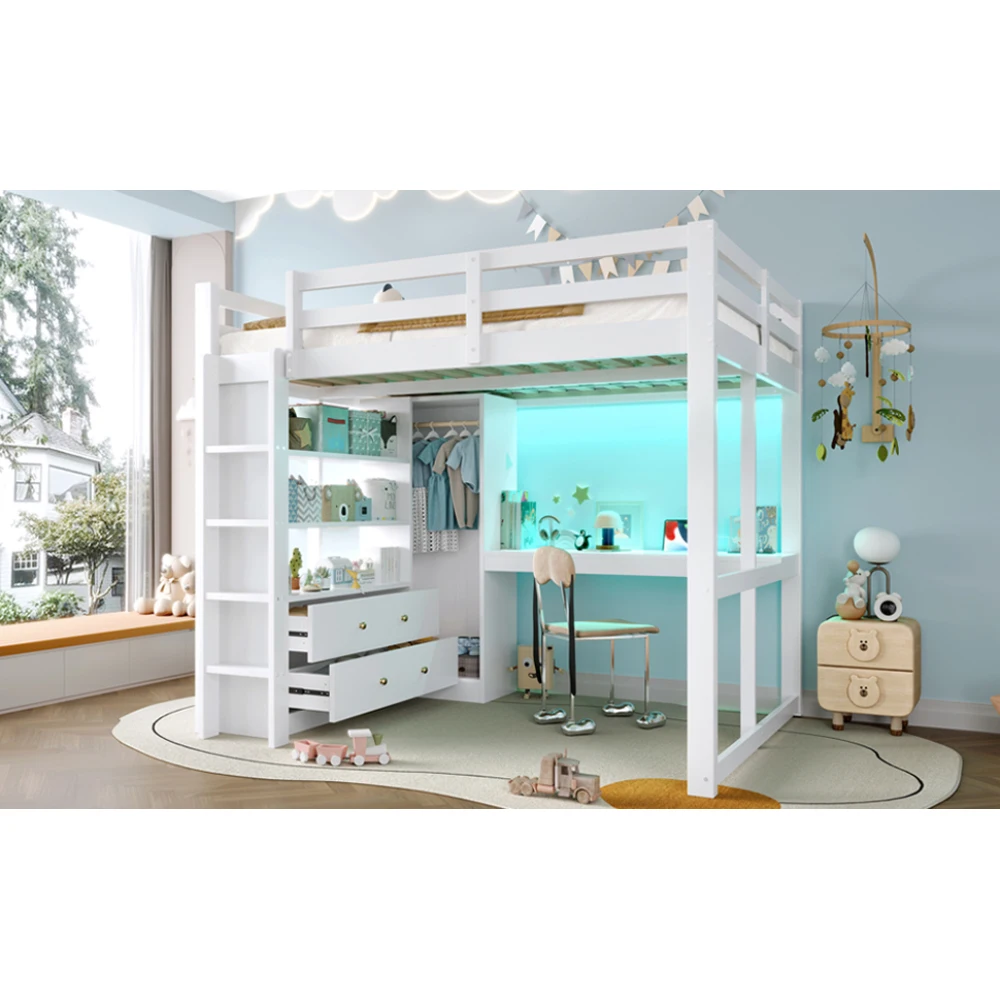 140 x 200 cm modernes Hochbett mit 2 Schubladen und Regalen, Unterbett-Schreibtisch, Kinderbett mit LED-Licht und USB, geeignet für Schlafzimmer, weiß – Detail 20