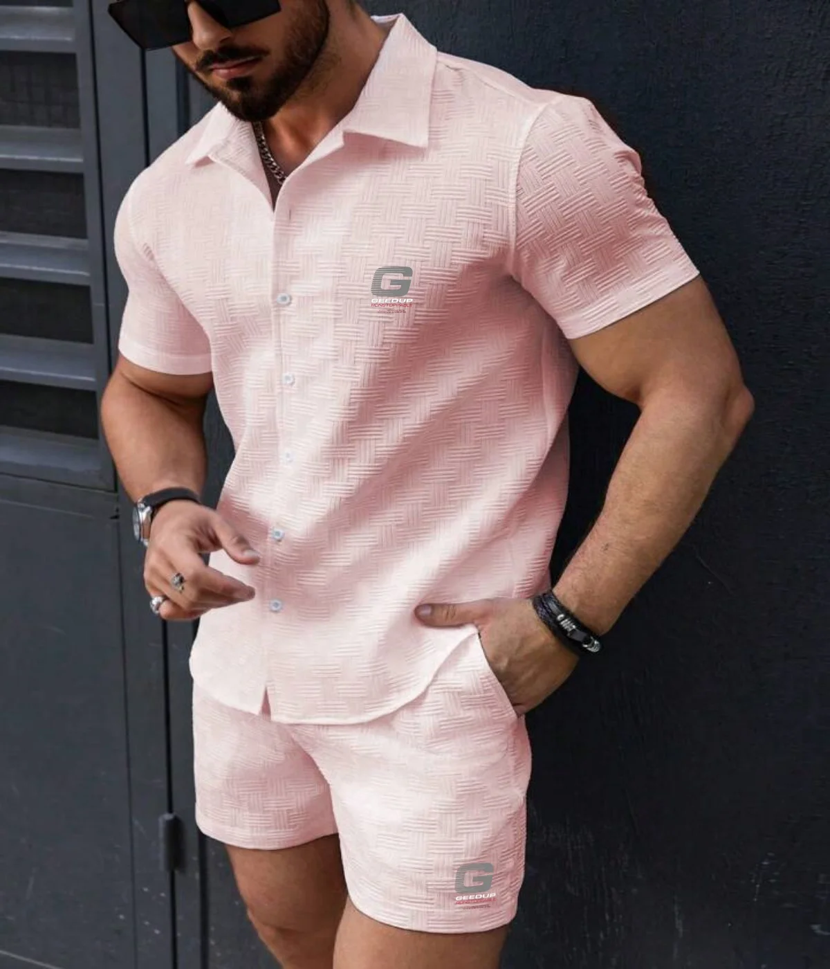 2025 Men's casual shirt two-piece set, New summer Fashion lapel shorts short sleeve Loose outdoor Sports Beach Suit 5