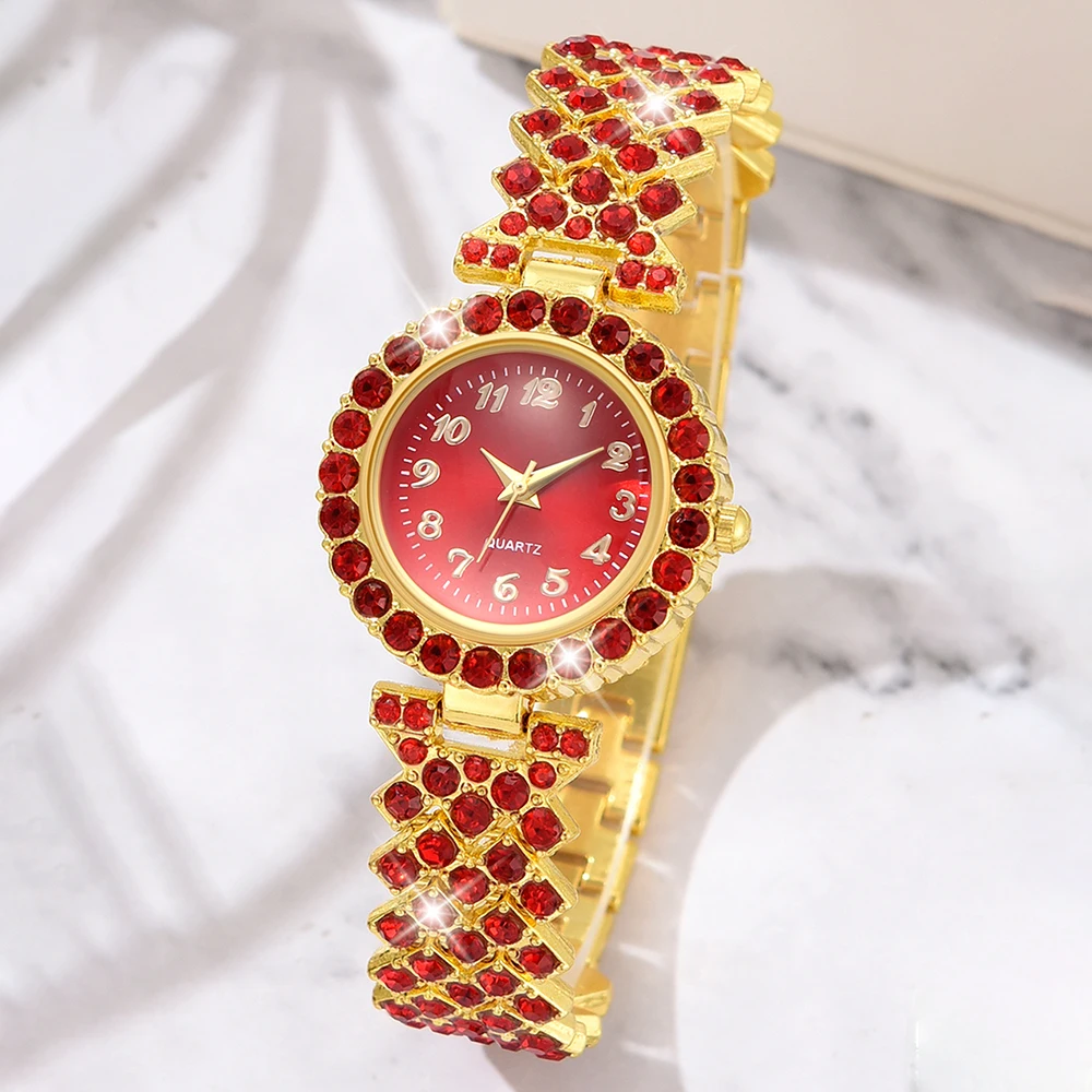 6PCS/Set Women's Red Alloy Watch Strap Fashionable Rhinestone Quartz Watch Necklace Earrings Jewelry Set 3