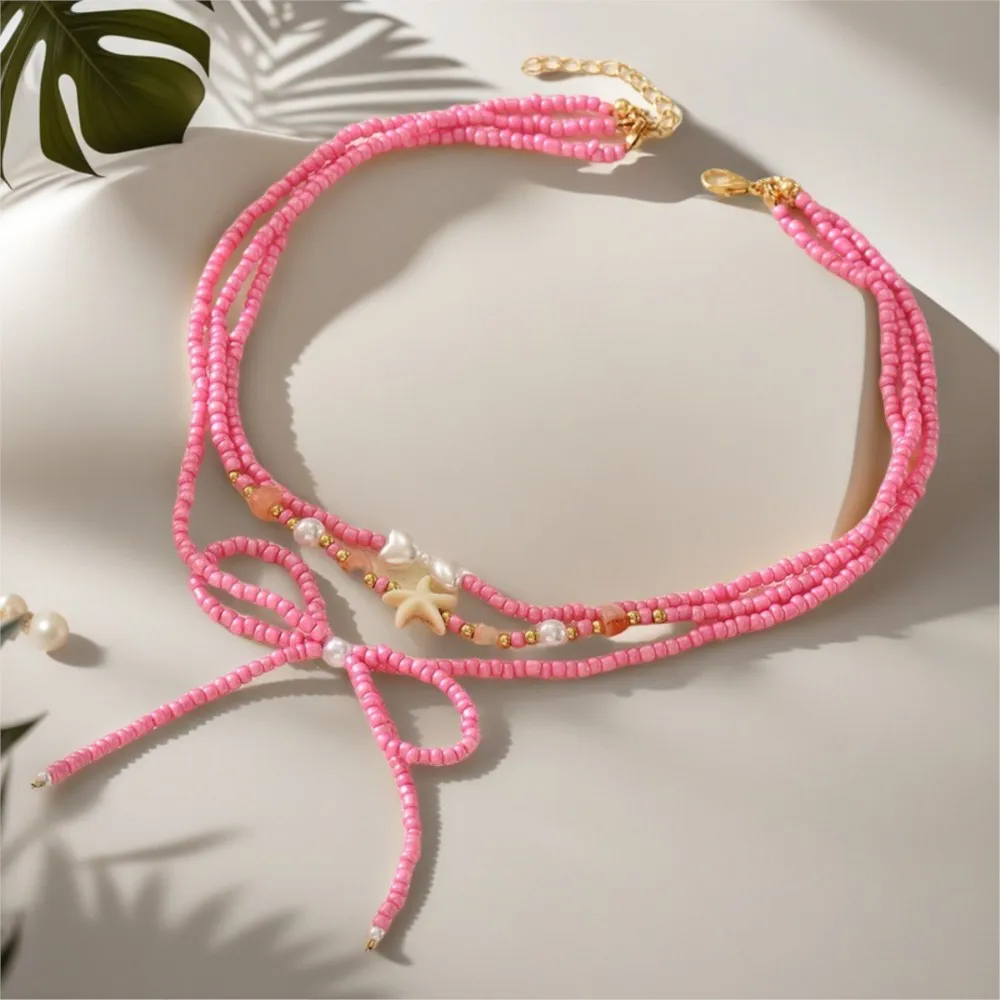 Multilayer Dopamine Bowknot Starfish Summer Stylish Beads Chain Necklace for Women Sweet Vocation Beach Jewelry Gifts