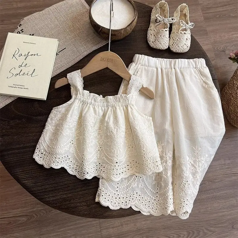 Description Picture 3 of itemGirls Summer Clothing Set Kids Knitted Hollow Lace Suit Girl Fashion Breathable Vest + Wide Leg Pants Outfits Children Sets
