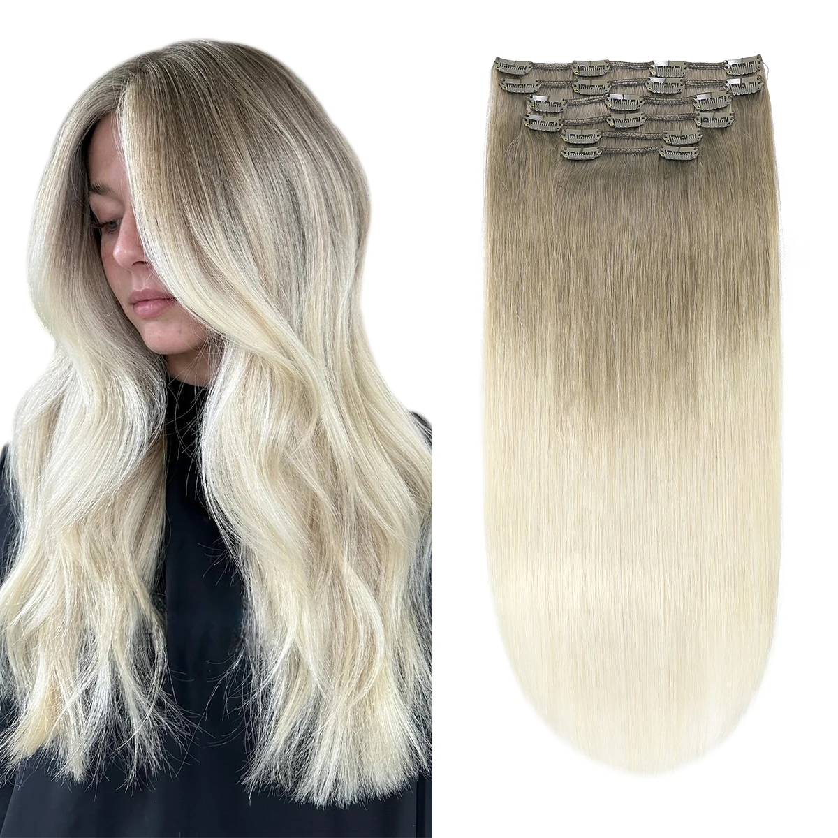 

XDhair Clip In Hair Extensions 100g 120g Ombre Color Ash Brown to Platinum Blonde Clip in Hair Extensions