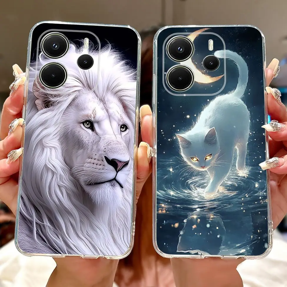 Clear Aesthetic Luxury Cute Cat & Floral Painted Soft Phone Case Cover