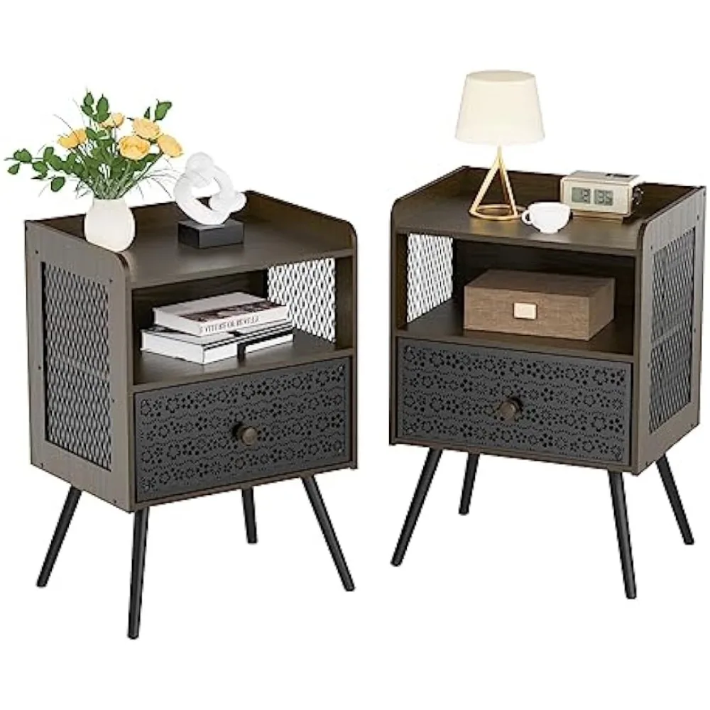 

End Table with Open Shelf, 2-Tier Night Stand with Adjustable Metal Floral Drawer, Night Stand for Bedroom Sofa Side Table