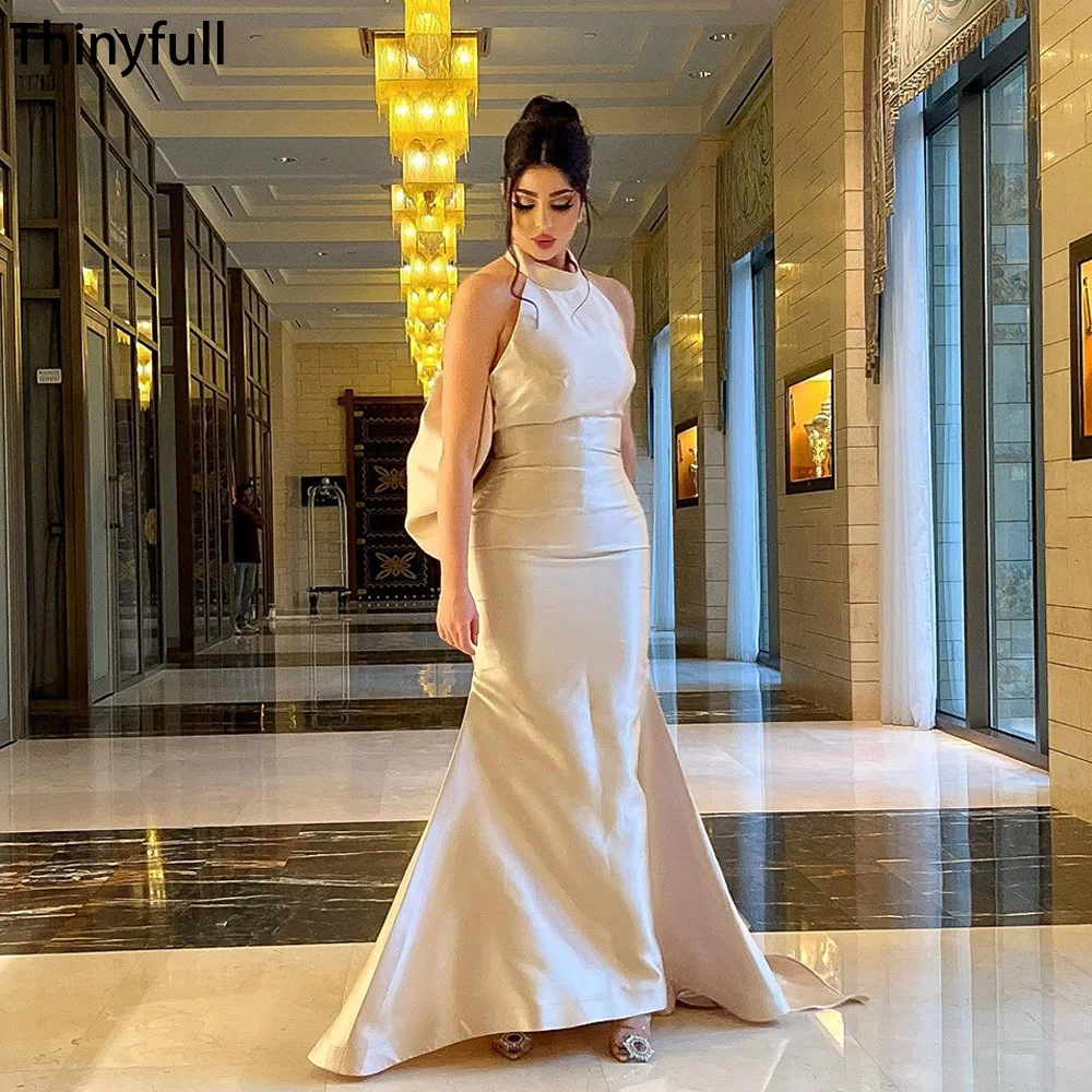 

Thinyfull Saudi Arabia Mermaid Evening Dresses Big Bow Halter Sleeveless Prom Party Dresses Events Formal Dresses Women Dubai