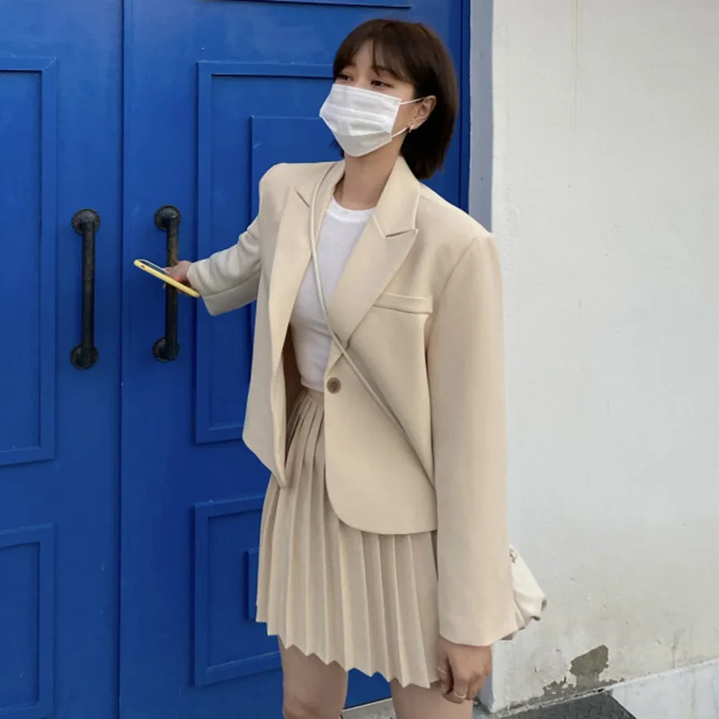 Temperament High-waist Pleated Skirt Short Skirt Two-piece Suit Ladies Skirt Suit, Solid Color Loose Long-sleeved Suit Jacket