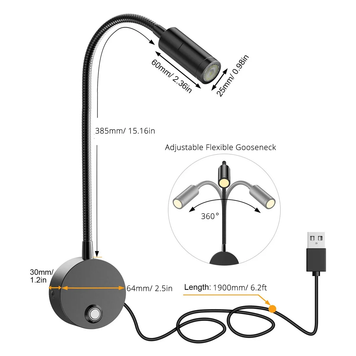 USB Bedside Wall Reading Lamp 2pcs 5V 3CCT Touch Dimming Longer 15" Gooseneck Read Working Study 3W LED Book Lights led light led wall lamp wall light led reading light