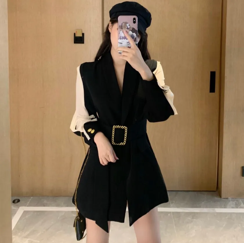 Women Belt Blazer Dress Suit Slim Long Suit Sashes Korea Party Coat Elegant Office Lady Solid Autumn Formal Outerwear Chic Tops chic women short sets 2023 new sequins single button blazer shorts 2 piece sets luxury lady formal party celebrity pant sets