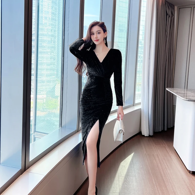 Velvet Women's Clothing With Free Shipping Buttons Wrapped Long Sleeps V-neck Woman Clothes Tight Midi Dress Autumn 2022 Dresses homecoming dresses 2021 Dresses