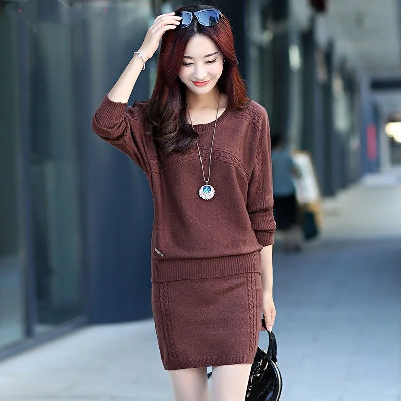 Spring Autumn Knitted Suit Women's New Korean Long Sleeve Knitting Sweater Pullover Top High Waist Half Skirt Two Piece