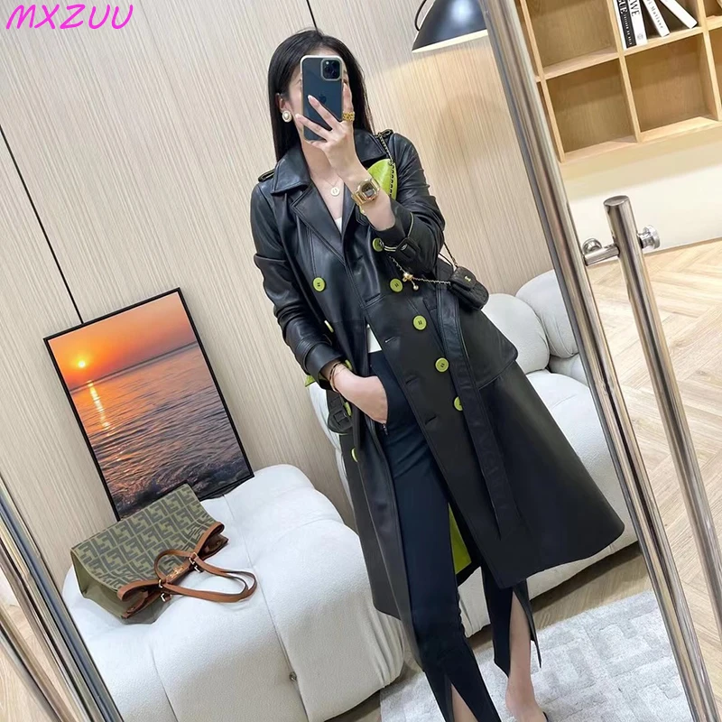 

Winter Clothes Women Genuine Leather Jacket Stitching Color Agasalho Long Over-knee Sheepskin Suit Belt Pockets Slim Trençkotlar