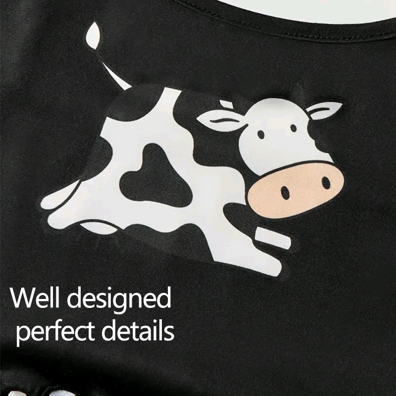 Women's Pajamas Set Sleepwear 2 PCS Camisole And Shorts Sports Cow Cartoon Print Ventilate Soft Casual S M L Black