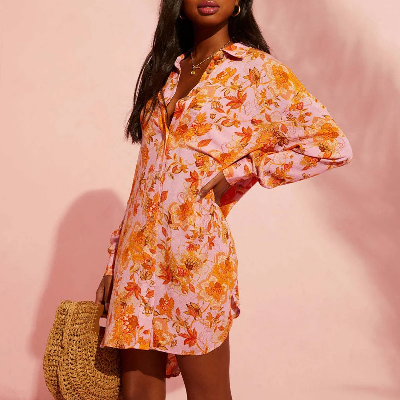 

Autumn Lady Chic Floral Elegant Mini Dress Fashion Vintage Women Slim Print Button Dress Casual Long Sleeve Shirt Dress Vestidos