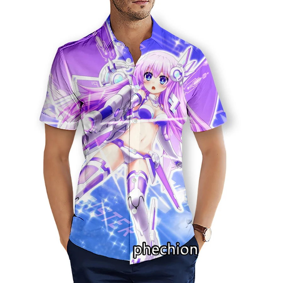 

phechion Summer Mens Short Sleeve Beach Shirts Hyperdimension Neptunia 3D Printed Casual Shirts Fashion Streetwear Men Tops X115