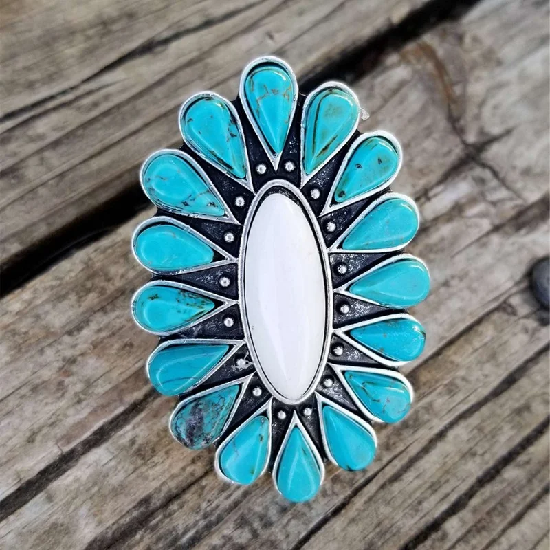 Bohemian Style Retro Color White Jade Turquoise Exaggerated Ring Plated Silver Color Turquoise Ring