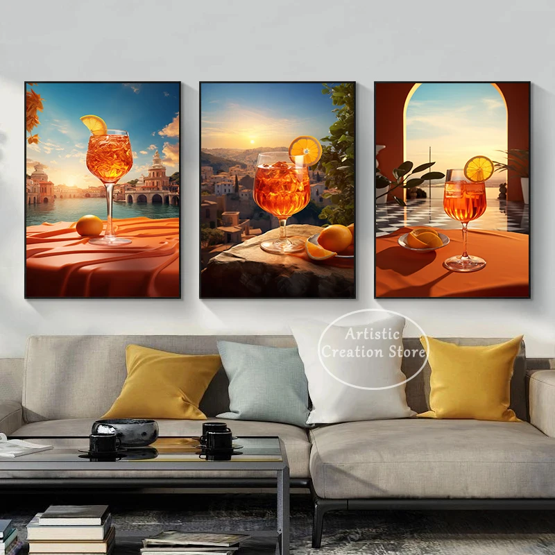 Aperol Spritz Print Prosecco Cocktail Print Canvas Painting Retro Poster Cocktail Bar Club Wall Cocktail Hour Home Decor Gifts
