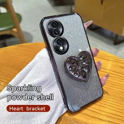 Heart Stand Glitter Plating Silicone Phone Case Cover for Honor X6 (4G 5G) (AXZJ Black)