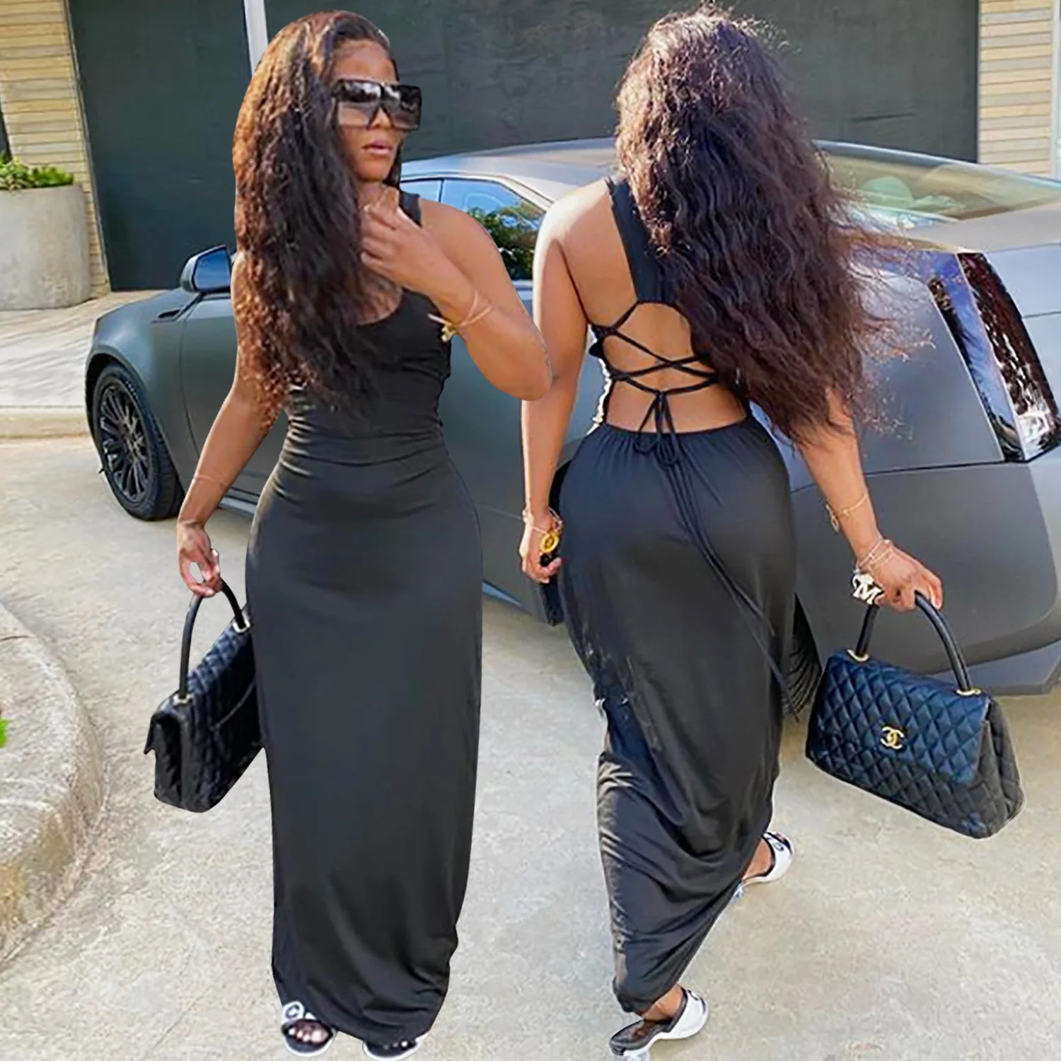 

CM.YAYA Women Streetwear Casual Tank O-neck Lace Up Open Back Slim Maxi Dress Fashion Sleeveless Solid Long Dresses Vestidos