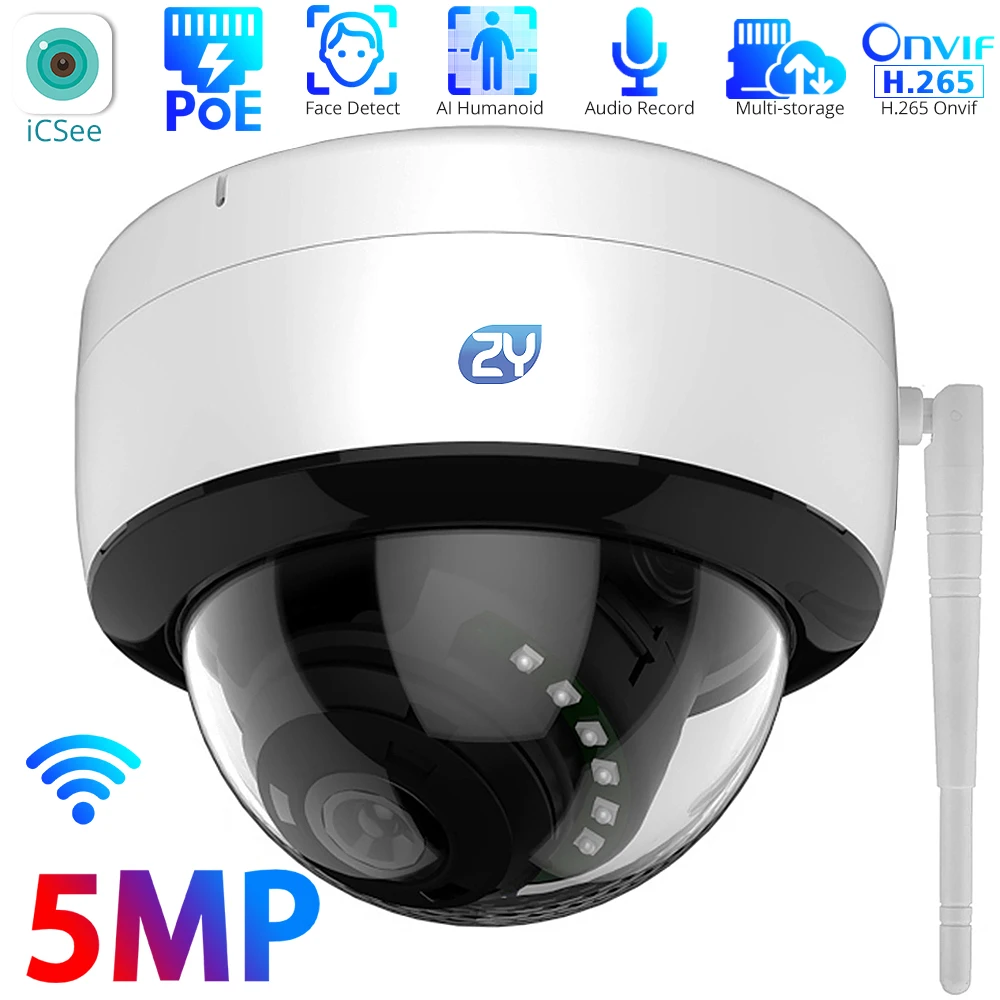 

5MP WiFi PoE Dome IP Camera Indoor H.265 AI Humanoid Detection TF Card Cloud Audio Wired CCTV Video Surveillance Camera with LAN