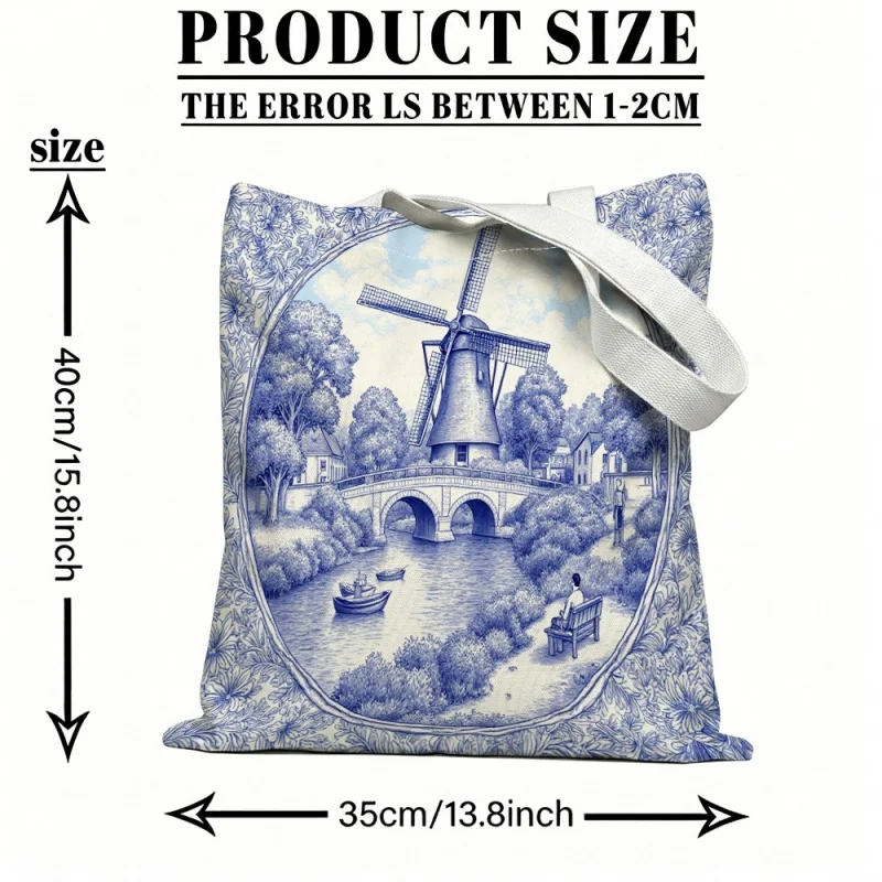 Nordic-Style Blue and White Windmill Town Tote Bag - Large Capacity