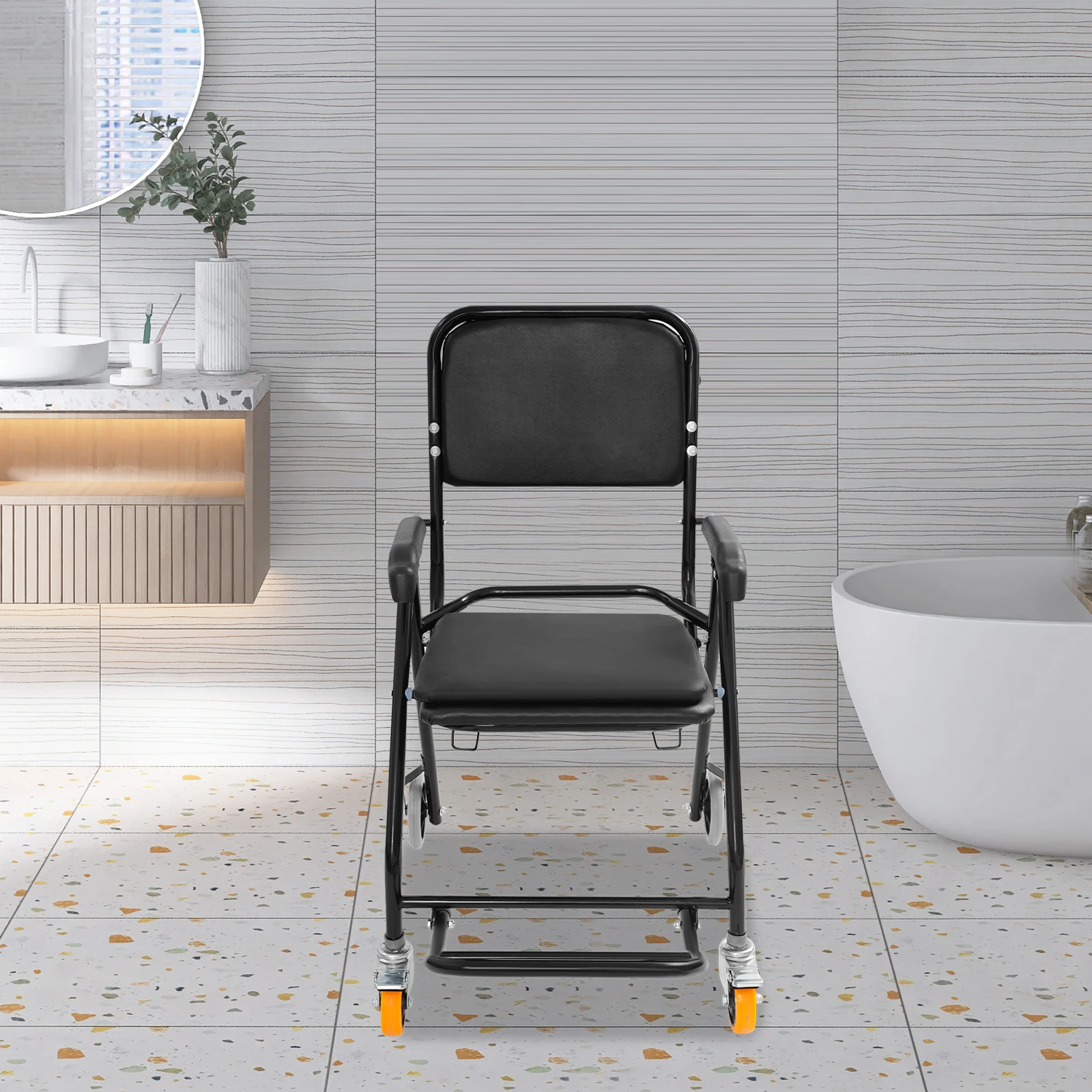 Schwarzer Rollstuhl für Menschen mit Behinderung Toilettenstuhl Duschstuhl Bettseitiger Toilettenstuhl mit Armlehnen für Senioren usw. – Detail 1