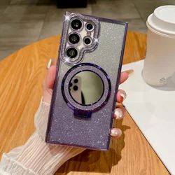 Luxury Diamond Clear Glitter Phone Case with Mirror Magnetic Stand Holder - Samsung S22Ultra (Purple)