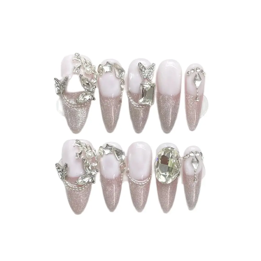 10 Pcs Pink Fake Nails Butterfly Diamond Decor Luxury Sparkling Almond Cat Eye Handmade Press On Nails French Tip Full Cover