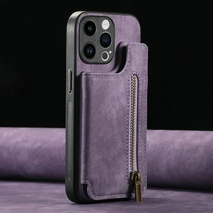 Luxurious Leather Zip Wallet Phone Case with Magnetic Back Cover