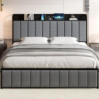 VECELO Storage Platform Bed Frame with Upholstered Headboard 1